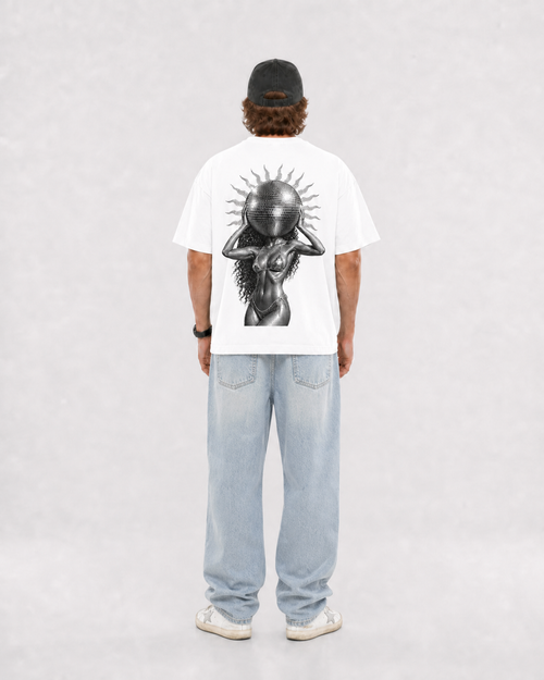 Camiseta blanca DEIPARII, espalda con el mirrorball